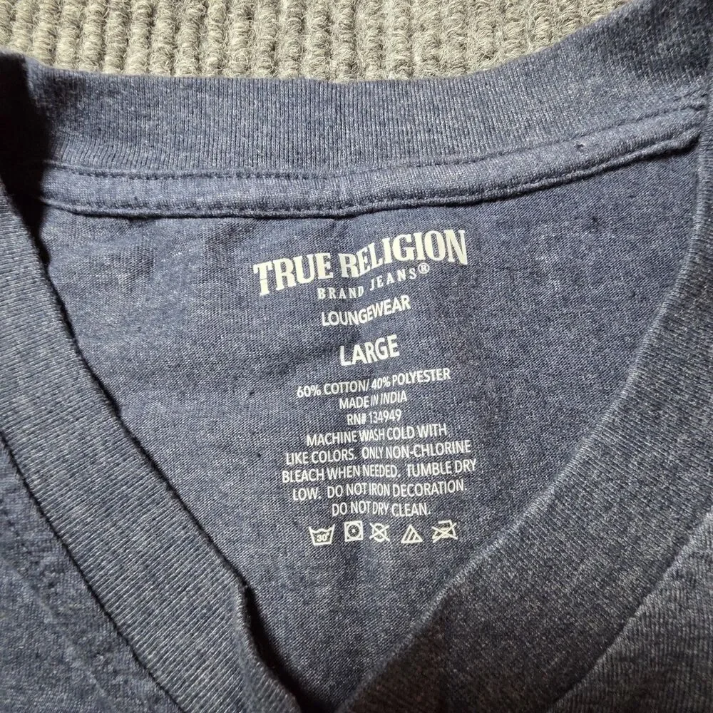 True Religion T Shirt Men's L Blue V Neck Short Sleeve